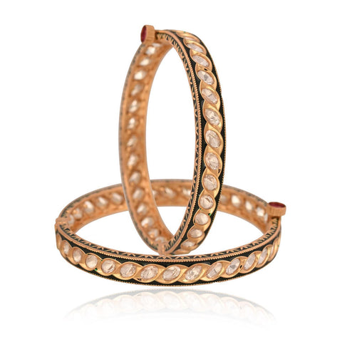 Kundan Diamond CZ Gold Finish Green Enamel Classic Openable Bangles