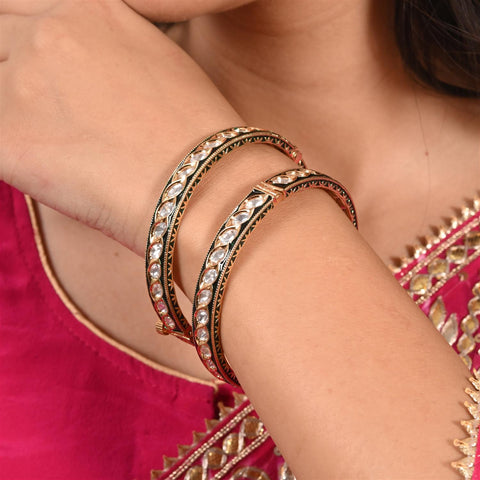 Kundan Diamond CZ Gold Finish Green Enamel Classic Openable Bangles