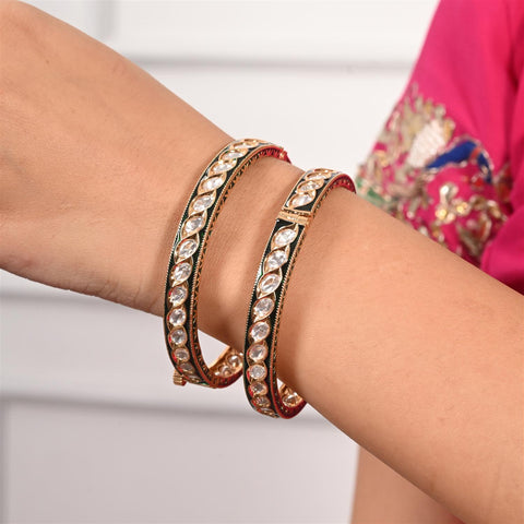 Kundan Diamond CZ Gold Finish Green Enamel Classic Openable Bangles