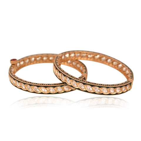 Kundan Diamond CZ Gold Finish Green Enamel Classic Openable Bangles