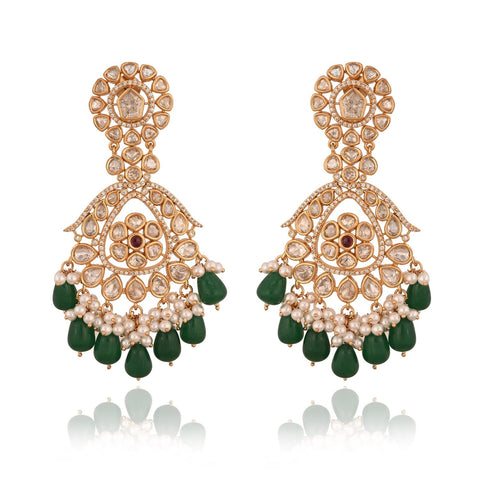 Stunning Real Kundan Chandbali Green Long Drop Earrings for Women