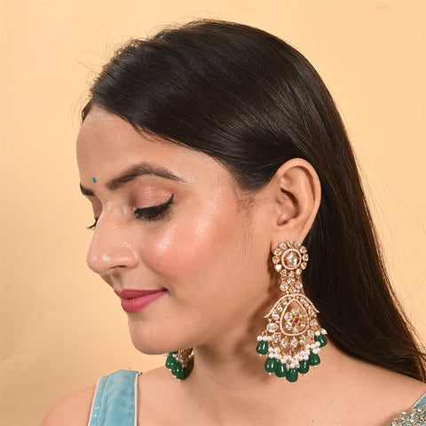 Stunning Real Kundan Chandbali Green Long Drop Earrings for Women