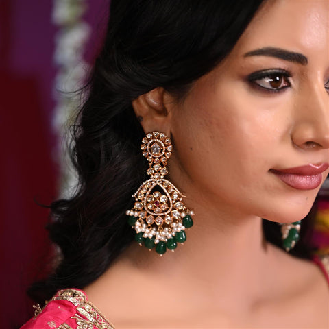 Stunning Real Kundan Chandbali Green Long Drop Earrings for Women