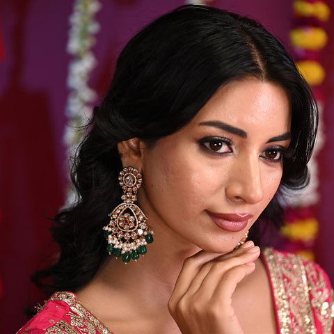 Stunning Real Kundan Chandbali Green Long Drop Earrings for Women