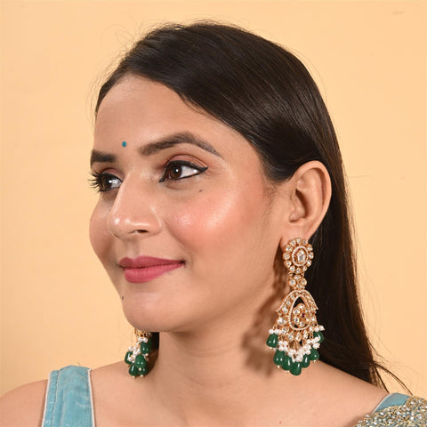 Stunning Real Kundan Chandbali Green Long Drop Earrings for Women