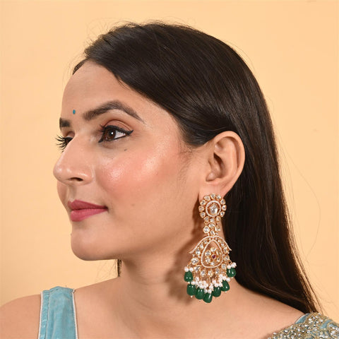 Stunning Real Kundan Chandbali Green Long Drop Earrings for Women