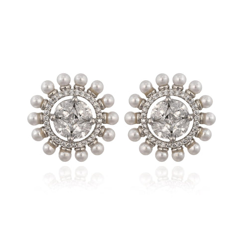 Stunning CZ Silver Plated Round Pearl Stud Earrings for Women