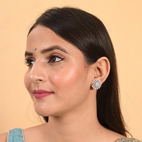 Stunning CZ Silver Plated Round Pearl Stud Earrings for Women