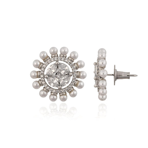 Stunning CZ Silver Plated Round Pearl Stud Earrings for Women