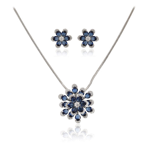 Silver Plated American Diamond CZ Floral Pendant Set With Earring and Chain