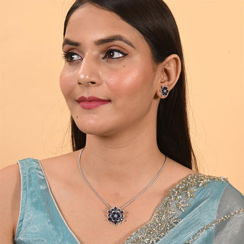 Silver Plated American Diamond CZ Floral Pendant Set With Earring and Chain