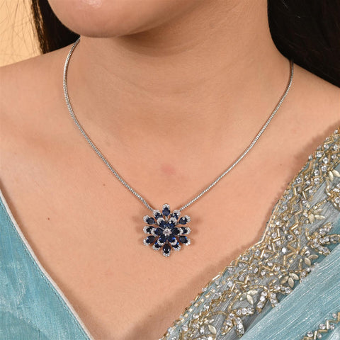 Silver Plated American Diamond CZ Floral Pendant Set With Earring and Chain
