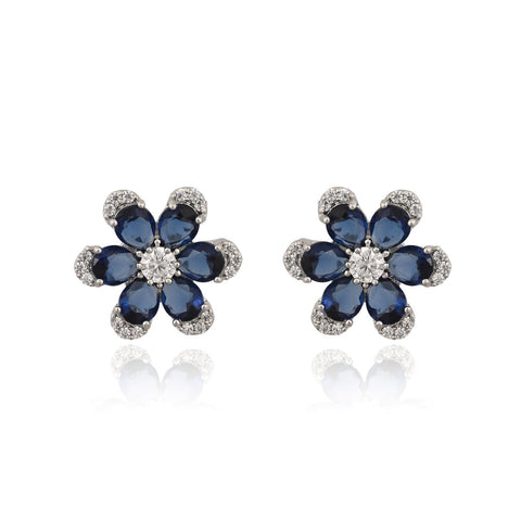 Silver Plated American Diamond CZ Floral Pendant Set With Earring and Chain