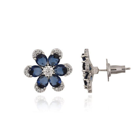 Silver Plated American Diamond CZ Floral Pendant Set With Earring and Chain