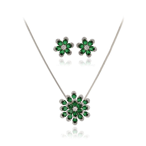 Silver Plated American Diamond CZ Floral Pendant Set With Earring and Chain