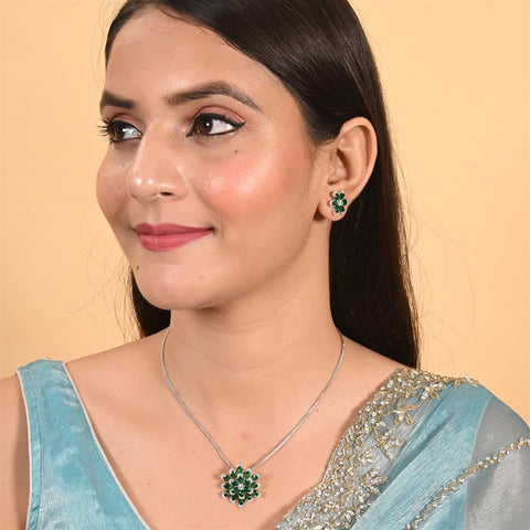 Silver Plated American Diamond CZ Floral Pendant Set With Earring and Chain