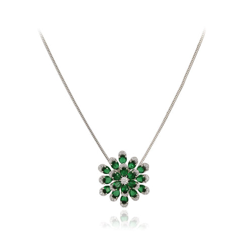 Silver Plated American Diamond CZ Floral Pendant Set With Earring and Chain
