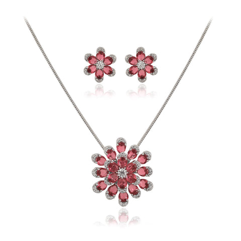 Silver Plated American Diamond CZ Floral Pendant Set With Earring and Chain