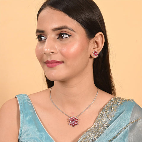 Silver Plated American Diamond CZ Floral Pendant Set With Earring and Chain