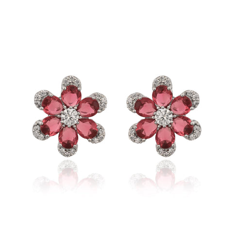 Silver Plated American Diamond CZ Floral Pendant Set With Earring and Chain