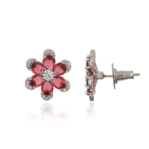 Silver Plated American Diamond CZ Floral Pendant Set With Earring and Chain