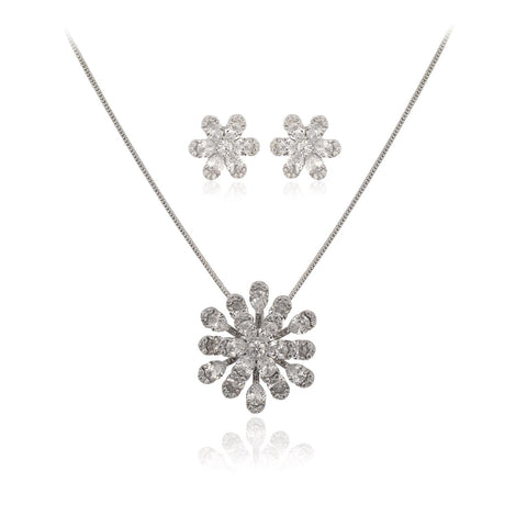 Silver Plated American Diamond CZ Floral Pendant Set With Earring and Chain