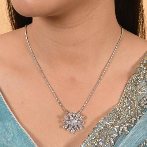 Silver Plated American Diamond CZ Floral Pendant Set With Earring and Chain