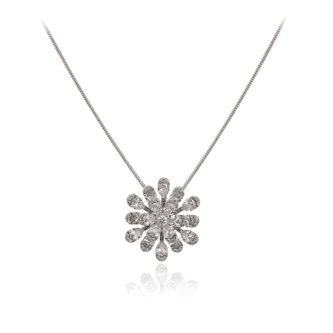 Silver Plated American Diamond CZ Floral Pendant Set With Earring and Chain