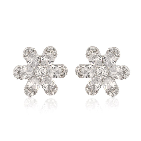 Silver Plated American Diamond CZ Floral Pendant Set With Earring and Chain