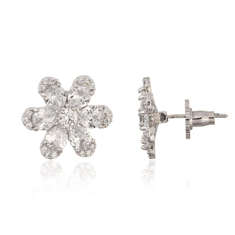 Silver Plated American Diamond CZ Floral Pendant Set With Earring and Chain