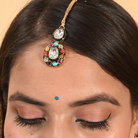 Gold Plated Green Meena Kundan Nauratan Wedding Necklace Set With Earring & Mang Tika