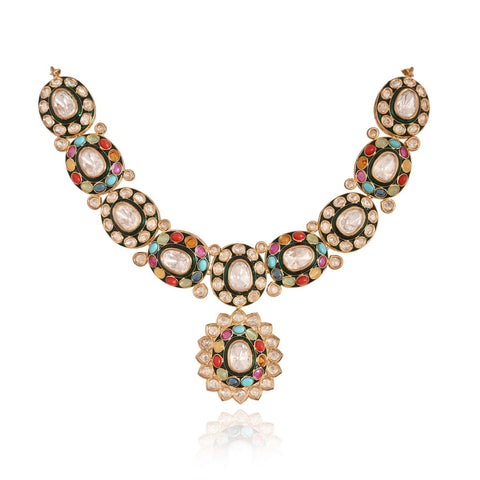 Gold Plated Green Meena Kundan Nauratan Wedding Necklace Set With Earring & Mang Tika