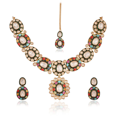 Gold Plated Green Meena Kundan Nauratan Wedding Necklace Set With Earring & Mang Tika
