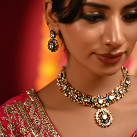 Gold Plated Green Meena Kundan Nauratan Wedding Necklace Set With Earring & Mang Tika