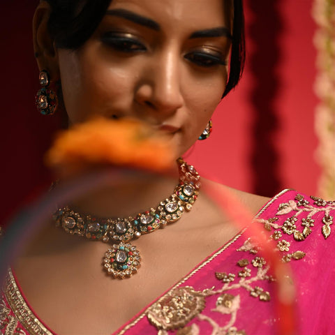 Gold Plated Green Meena Kundan Nauratan Wedding Necklace Set With Earring & Mang Tika