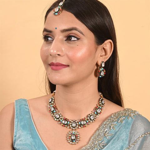 Gold Plated Green Meena Kundan Nauratan Wedding Necklace Set With Earring & Mang Tika