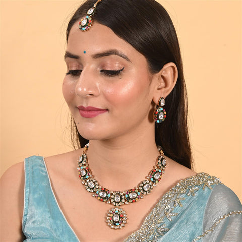 Gold Plated Green Meena Kundan Nauratan Wedding Necklace Set With Earring & Mang Tika