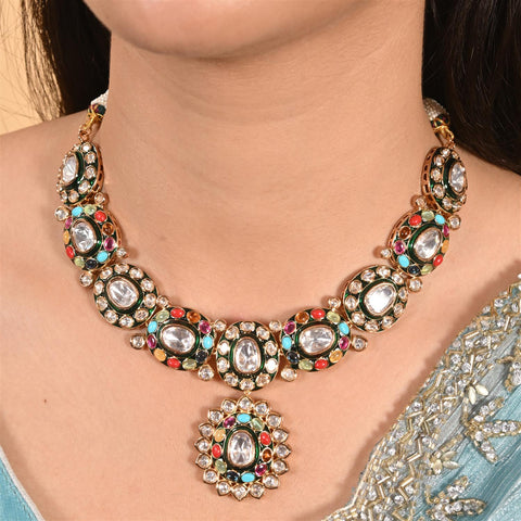 Gold Plated Green Meena Kundan Nauratan Wedding Necklace Set With Earring & Mang Tika