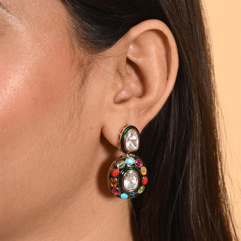 Gold Plated Green Meena Kundan Nauratan Wedding Necklace Set With Earring & Mang Tika