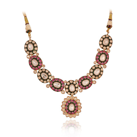 Gold Plated Green Meena Kundan Ruby Wedding Necklace Set With Earring & Mang Tika