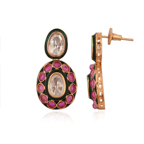 Gold Plated Green Meena Kundan Ruby Wedding Necklace Set With Earring & Mang Tika