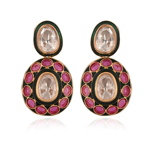 Gold Plated Green Meena Kundan Ruby Wedding Necklace Set With Earring & Mang Tika