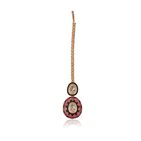 Gold Plated Green Meena Kundan Ruby Wedding Necklace Set With Earring & Mang Tika