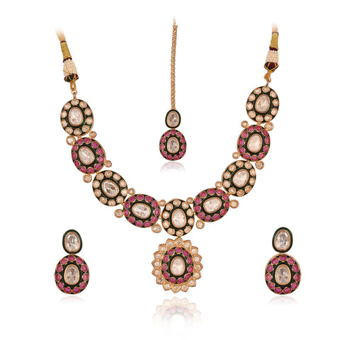 Gold Plated Green Meena Kundan Ruby Wedding Necklace Set With Earring & Mang Tika