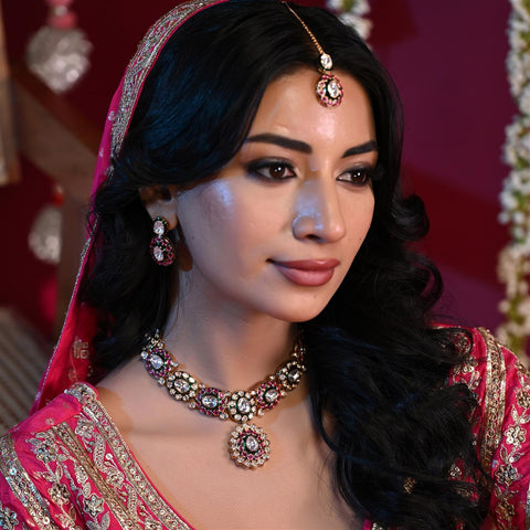 Gold Plated Green Meena Kundan Ruby Wedding Necklace Set With Earring & Mang Tika