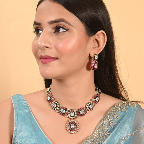 Gold Plated Green Meena Kundan Ruby Wedding Necklace Set With Earring & Mang Tika