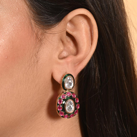 Gold Plated Green Meena Kundan Ruby Wedding Necklace Set With Earring & Mang Tika