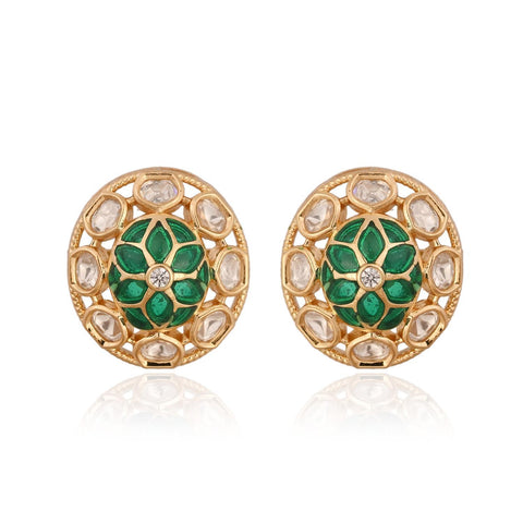Gold Plated Kundan CZ Green Red Choker Classic Necklace Set With Stud Earring