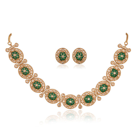 Gold Plated Kundan CZ Green Red Choker Classic Necklace Set With Stud Earring