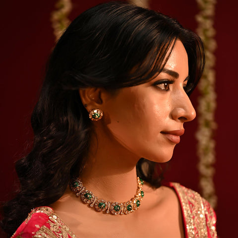 Gold Plated Kundan CZ Green Red Choker Classic Necklace Set With Stud Earring